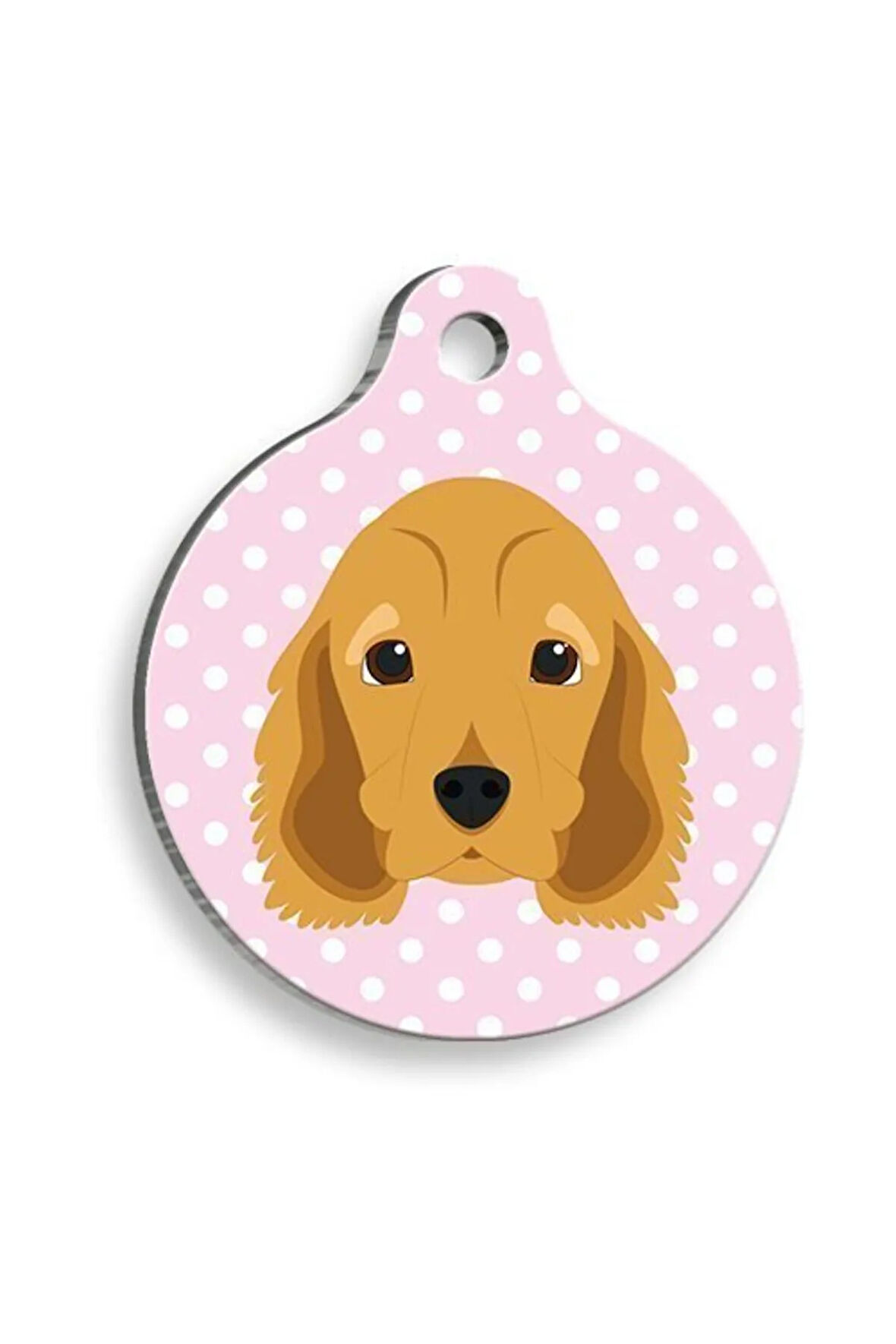 Pembe Puantiyeli Cocker Spaniel Yuvarlak Köpek Künyesi Medium: 3 cm.