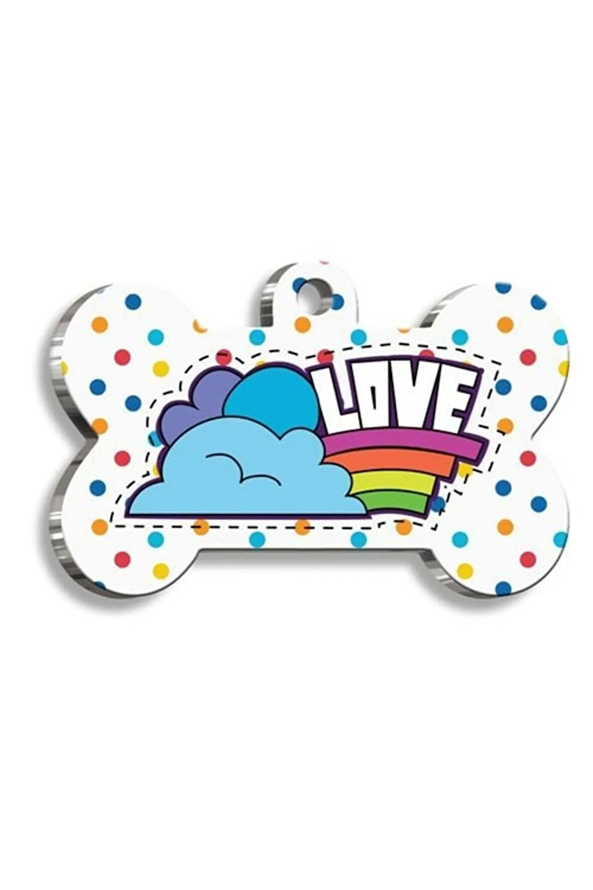 Renkli Puantiyeli Love Kemik Şekilli Köpek Künyesi XLarge 3,3 x 5 cm