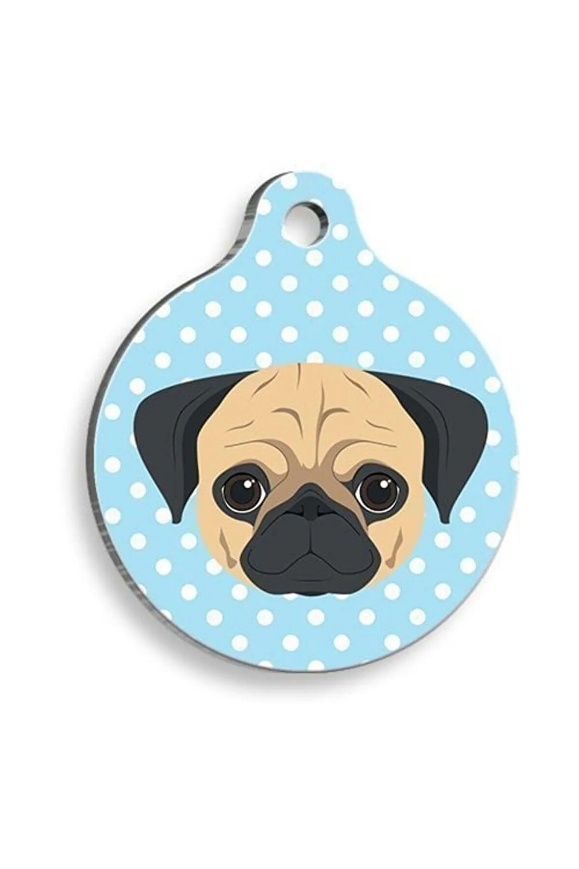 Mavi Puantiyeli Pug Yuvarlak Köpek Künyesi Large: 3,8 cm.