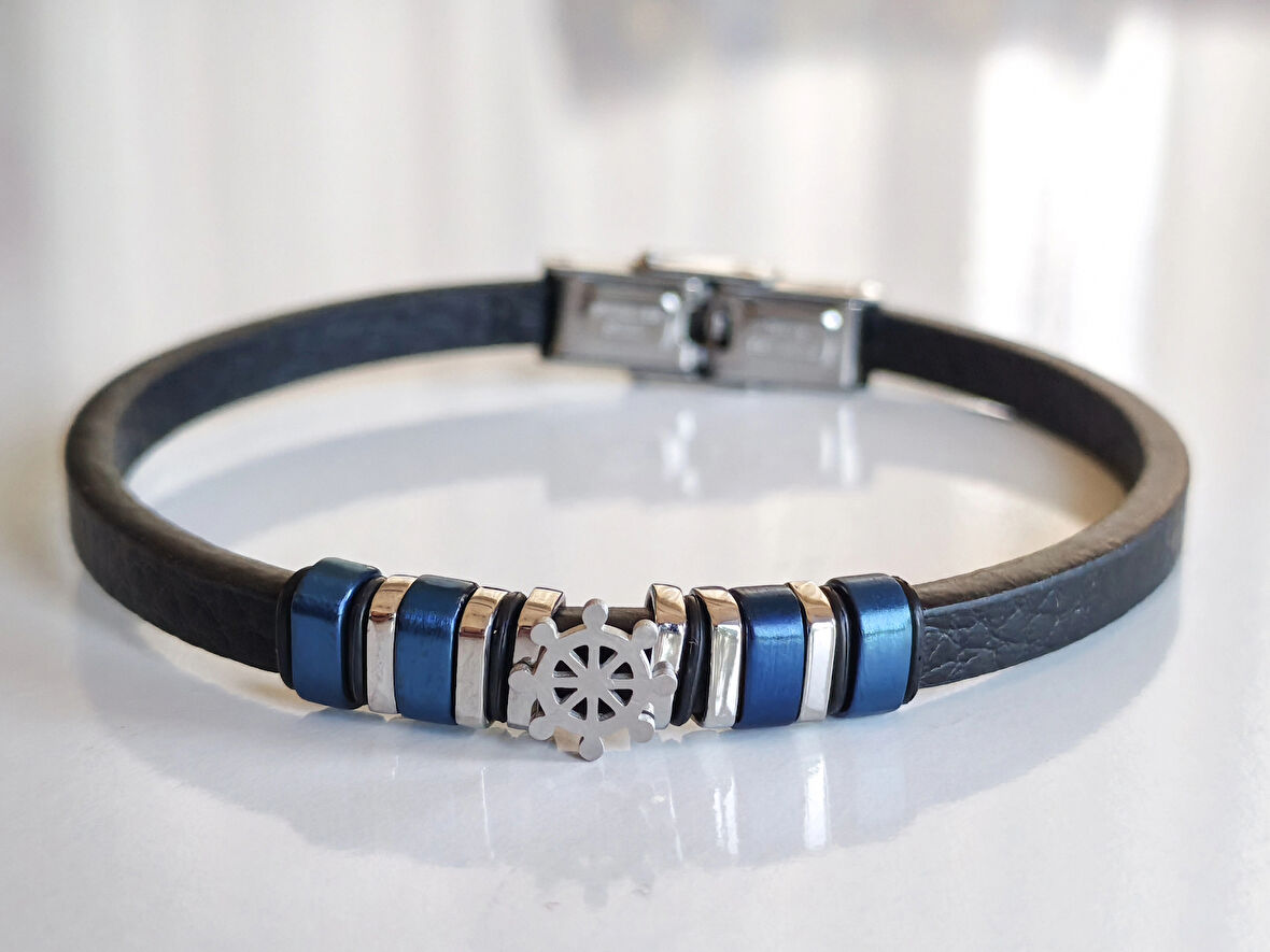 Deri Kordonlu Seramik Taşlı Gemici Dümenli Lüks Erkek Bileklik