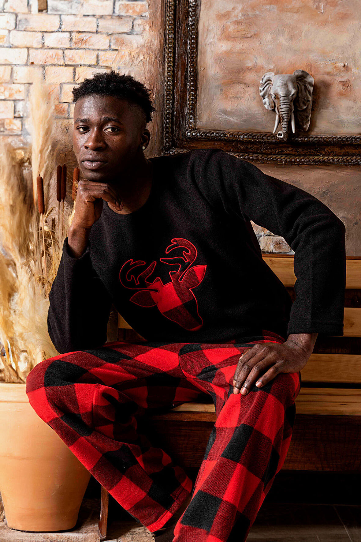 Kışlık Baba Oğul Polar Pijama Takımı -Geyikli Yılbaşı Aile Pijaması- Tek Adet 