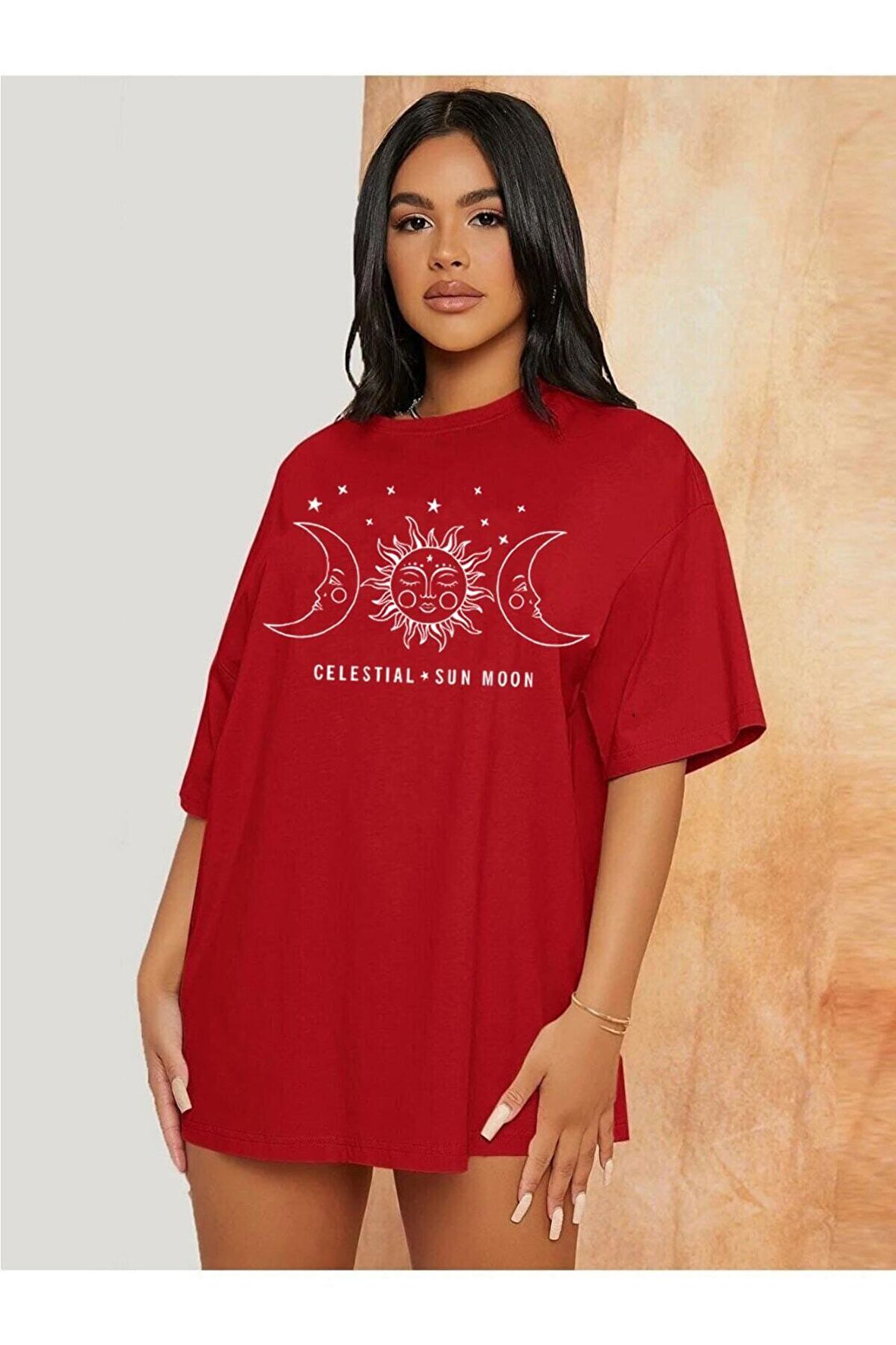 Güneş Ay Baskılı Oversize Tshirt