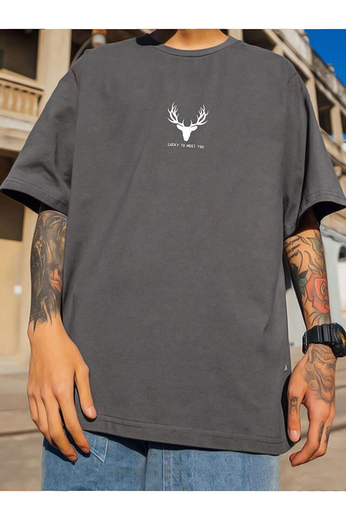 Unisex Geyik Baskılı Tshirt