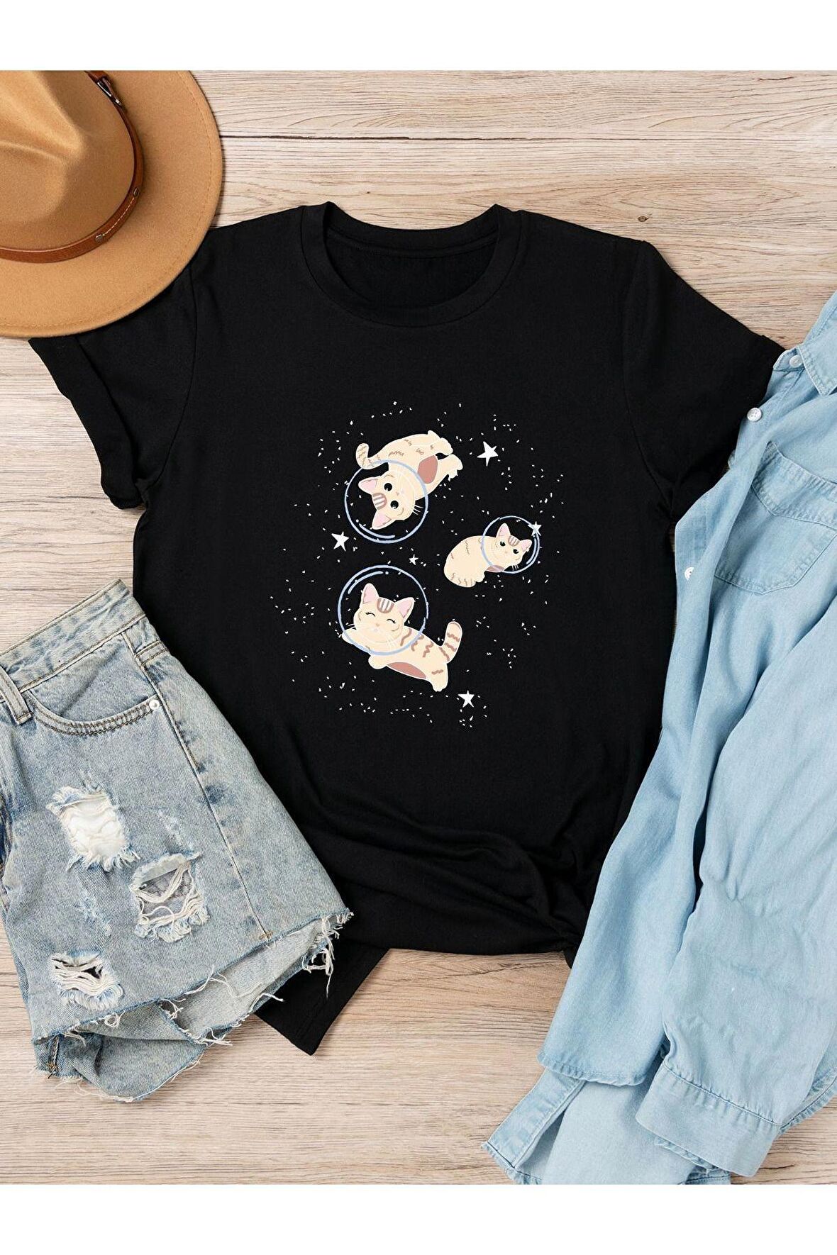 Unisex three Cat Baskılı Tshirt
