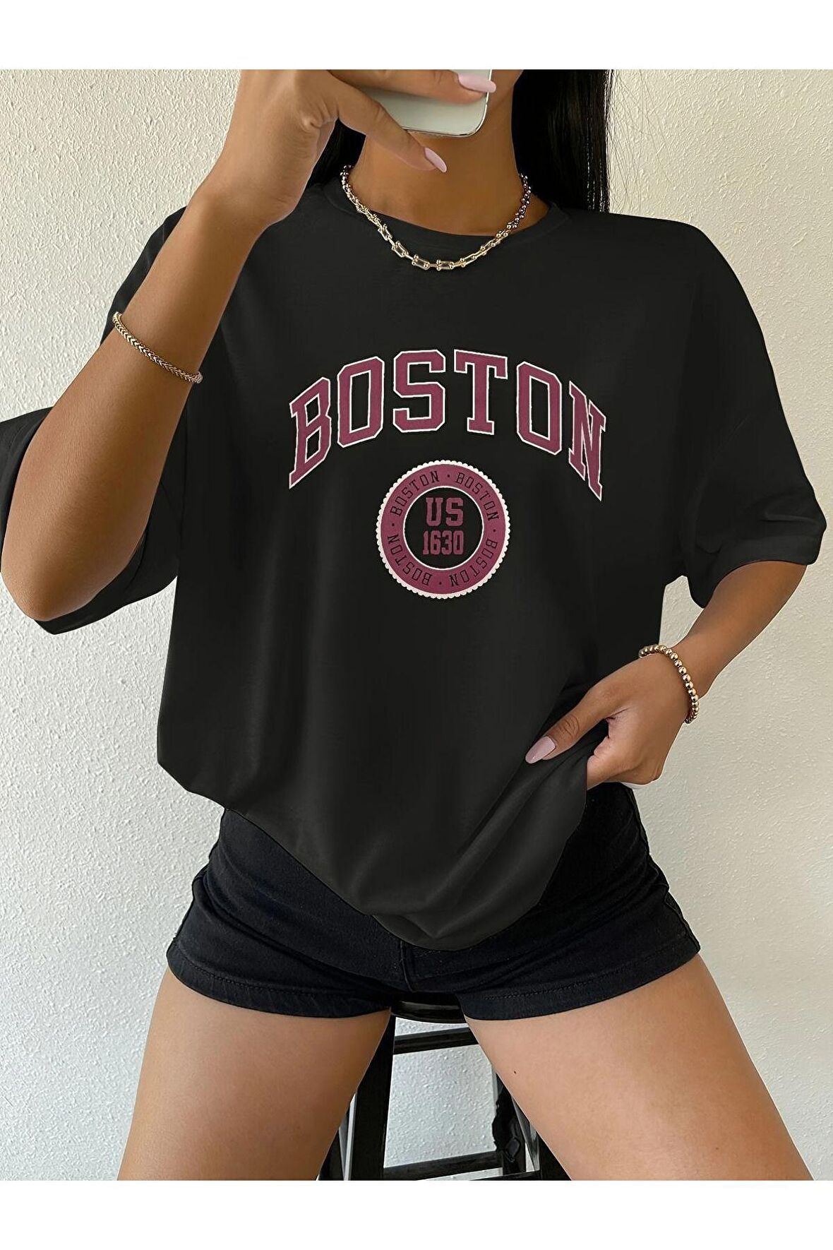 Unisex Mor Boston Yazılı Tshirt
