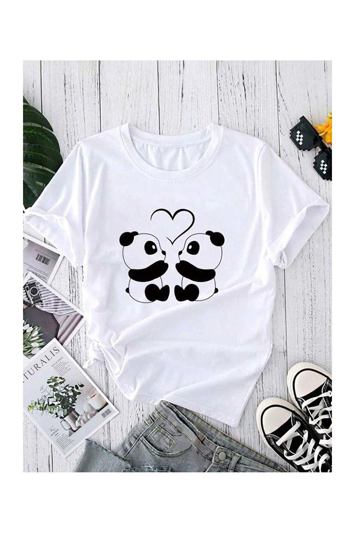 Unisex Love Panda Baskılı Tshirt
