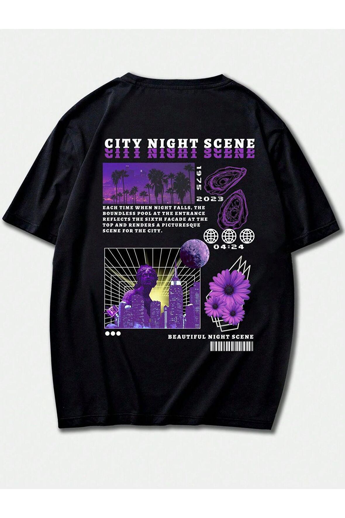 Unisex City Night Scene Yazılı Tshirt