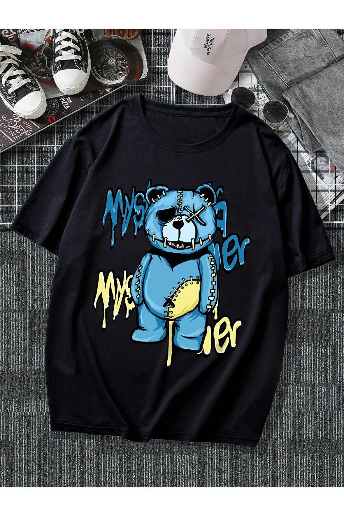 Unisex Blue Bear Baskılı Tshirt