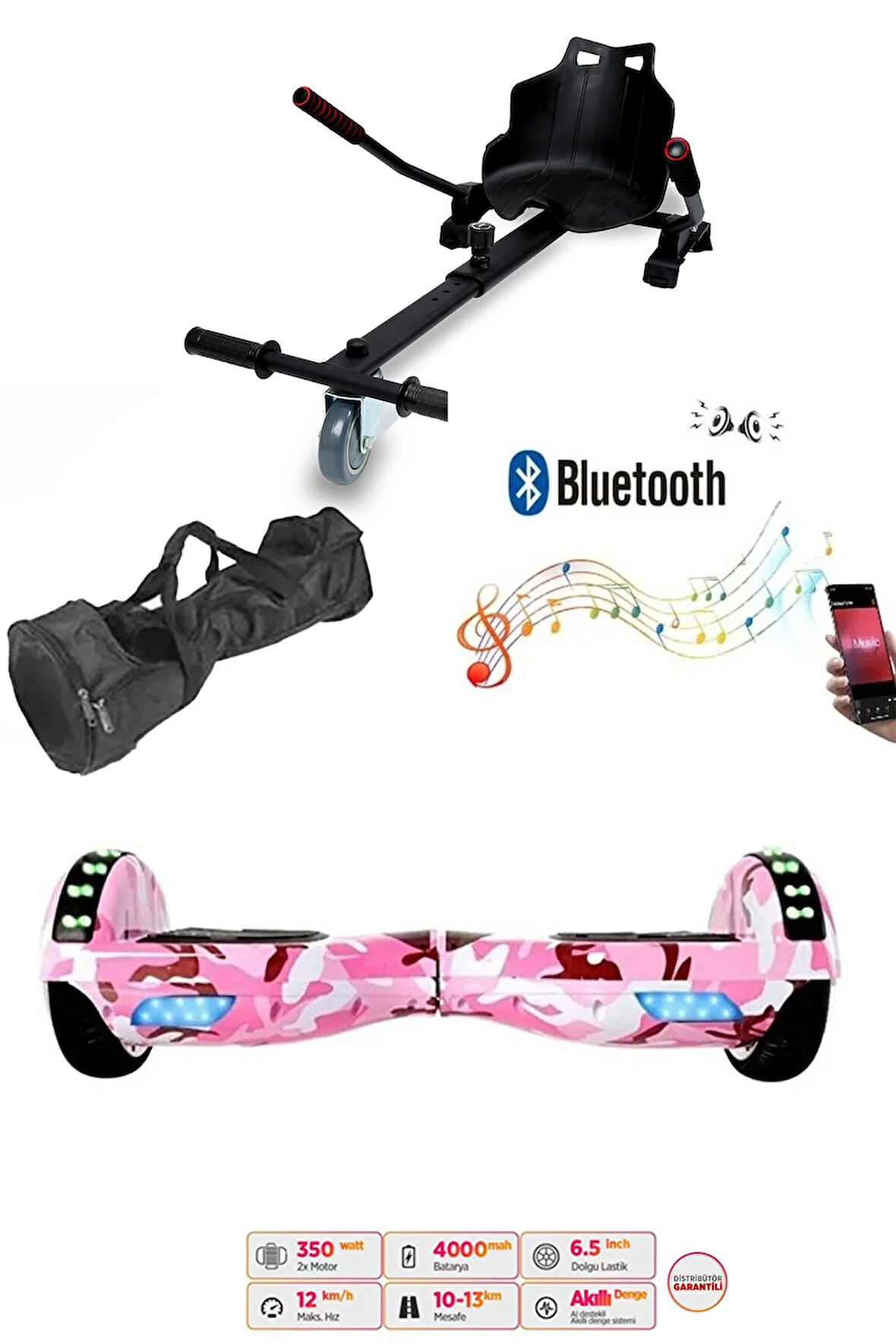 Elektrikli Kaykay Scooter Akıllı Denge Hoverboard + HoverKart + Çanta FULL LEDLİ EXTREM PAKET D05