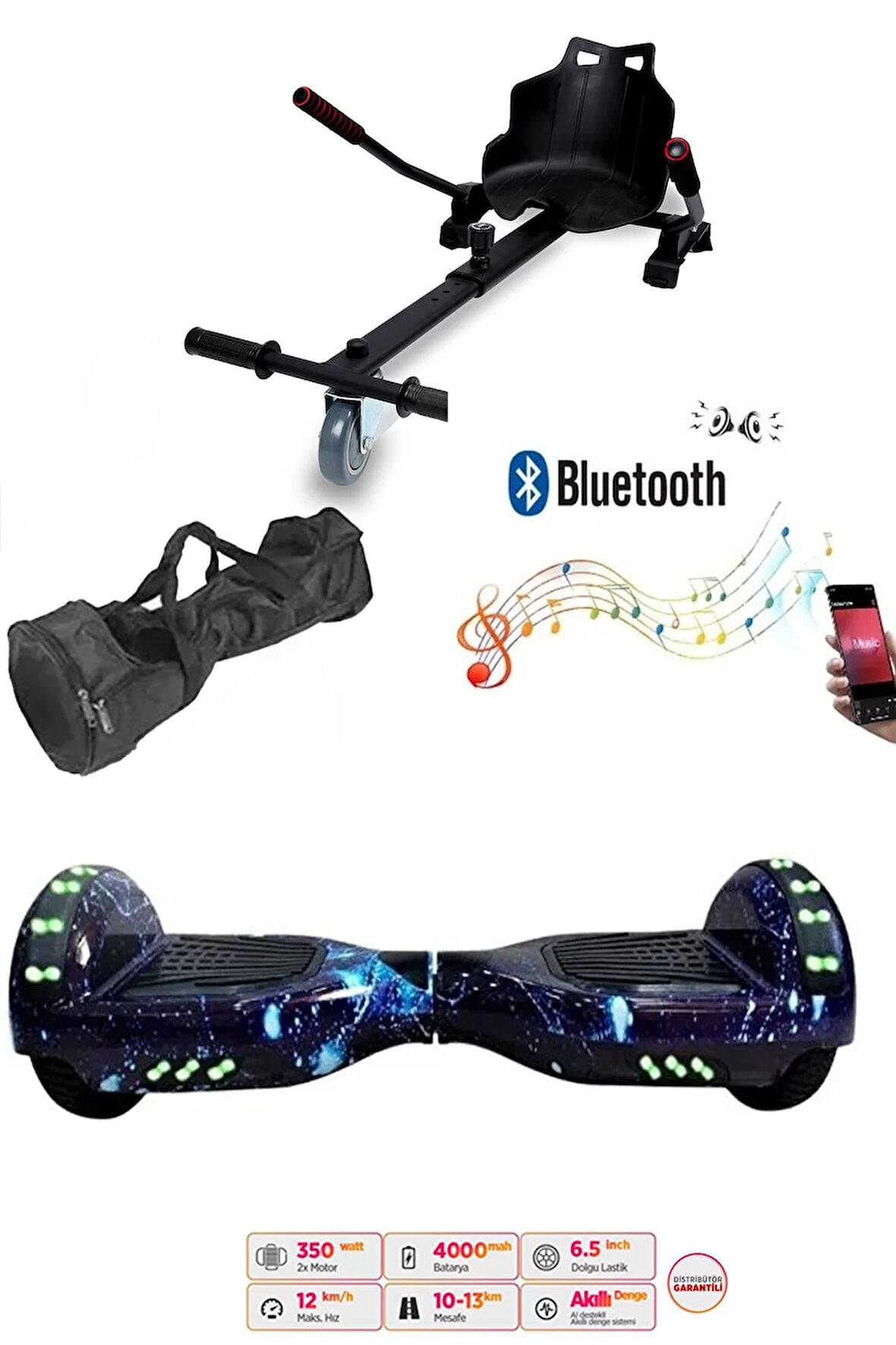 Elektrikli Kaykay Scooter Akıllı Denge Hoverboard + HoverKart + Çanta FULL LEDLİ EXTREM PAKET D12