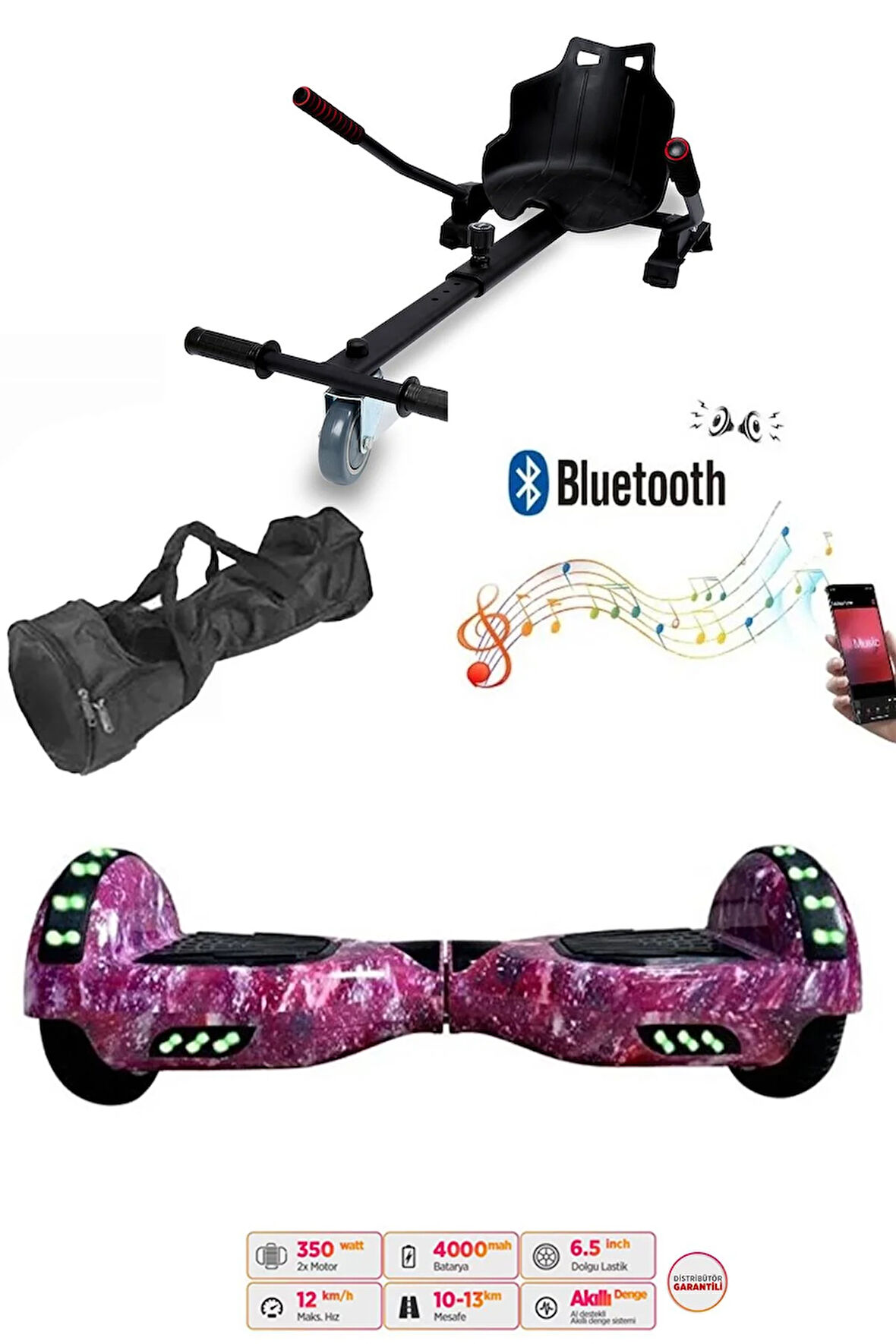 Elektrikli Kaykay Scooter Akıllı Denge Hoverboard + HoverKart + Çanta FULL LEDLİ EXTREM PAKET D13