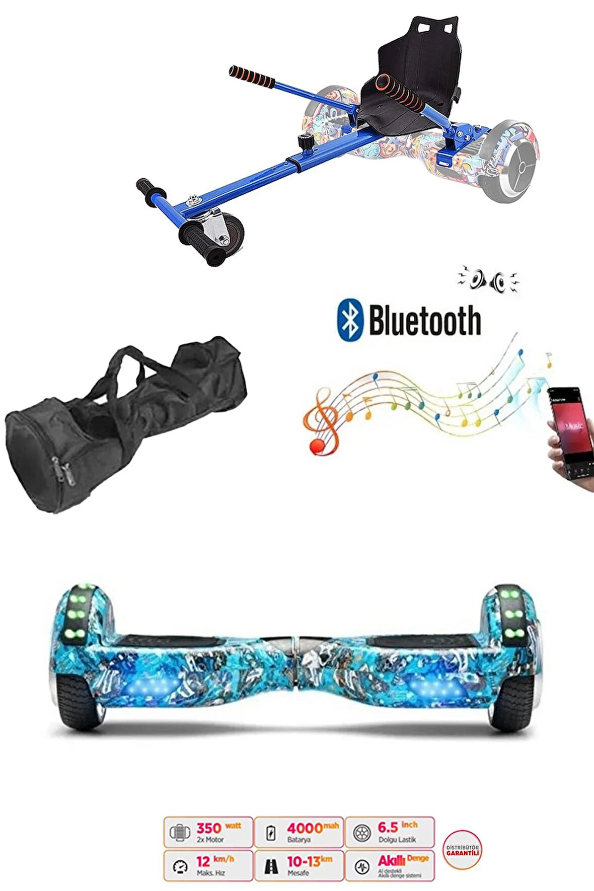 Elektrikli Kaykay Scooter Akıllı Denge Hoverboard + HoverKart + Çanta FULL LEDLİ EXTREM PAKET D20