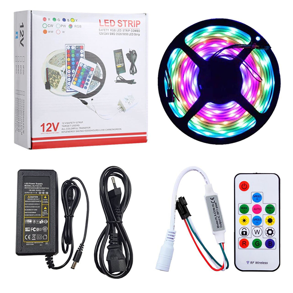 2811 Su Geçirmez ARGB Pixel Şerit Led Set 12 Volt Adaptör ve RF Kumandalı