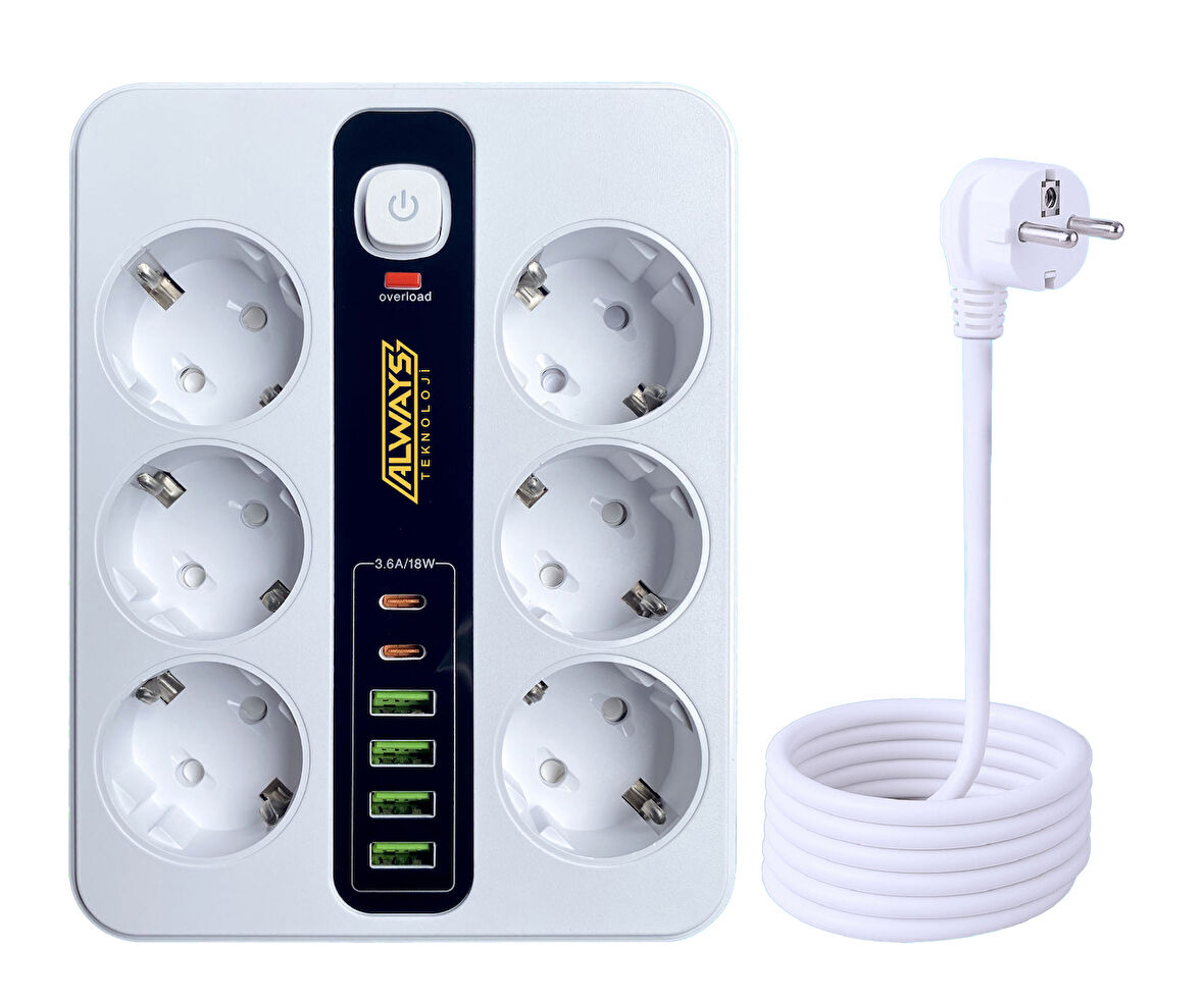 Akım Korumalı 6'lı Grup Priz 4 USB'li ve 2 TYPE-C li 6'lı Grup Priz 2 m Kablo Çocuk Korumalı