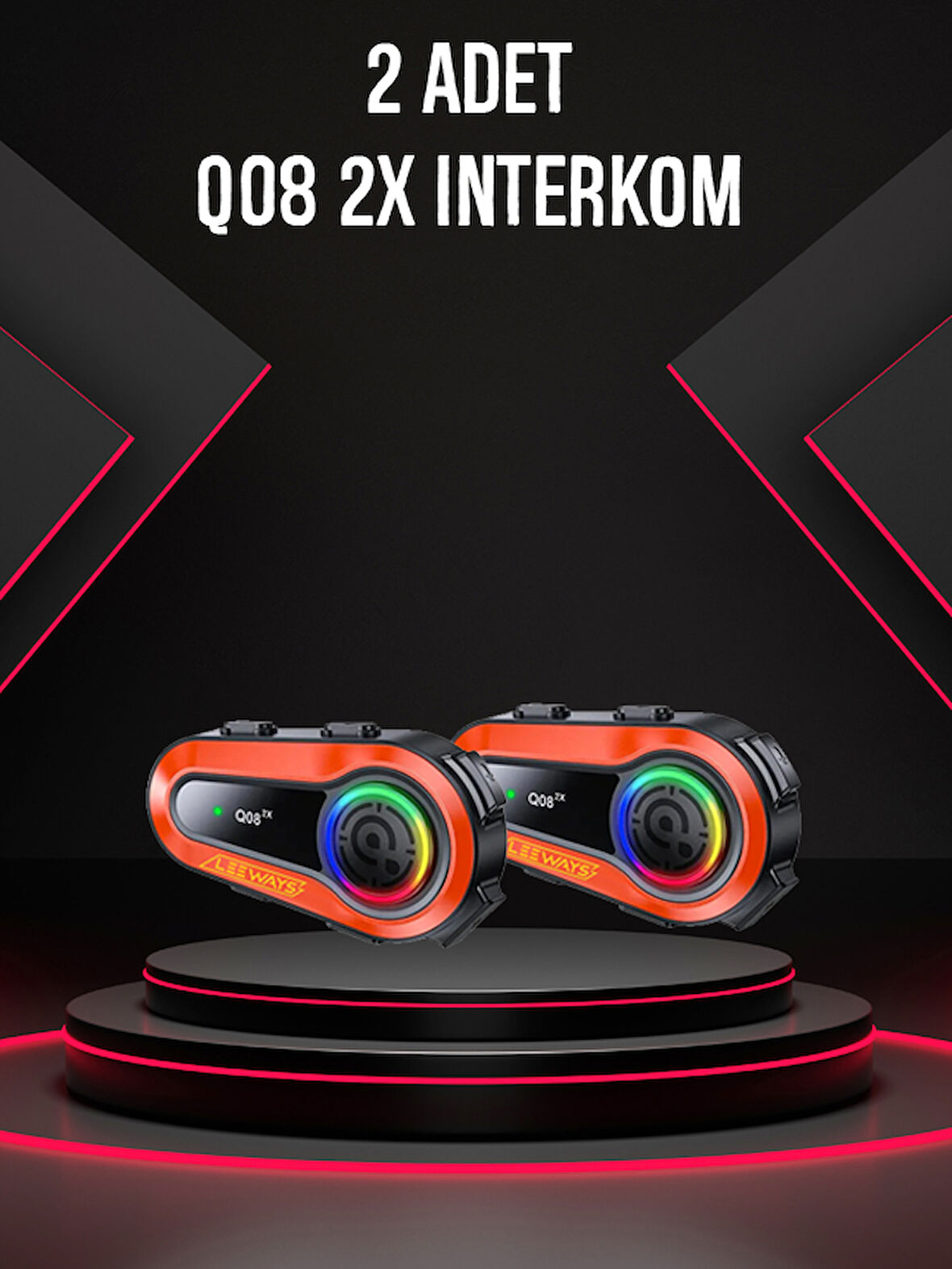 2 ADET Q08 2X 1000m Telsiz Mesafeli Özellikli 2 Kişi Bağlantılı Bluetooth Kask Kulaklık Ekranlı Fenerli Interkom