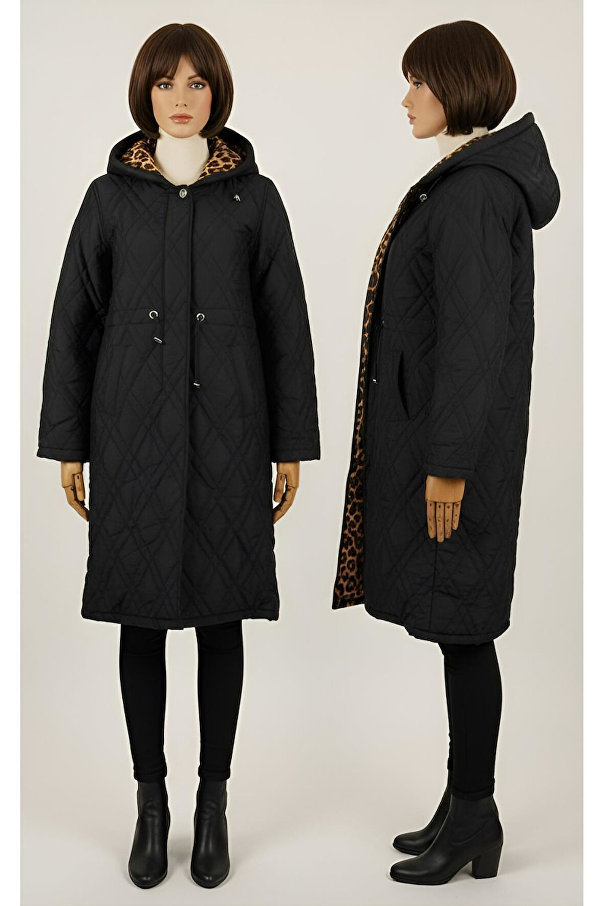 KAPŞONLU LEOPAR GARNİLİ UZUN MONT
