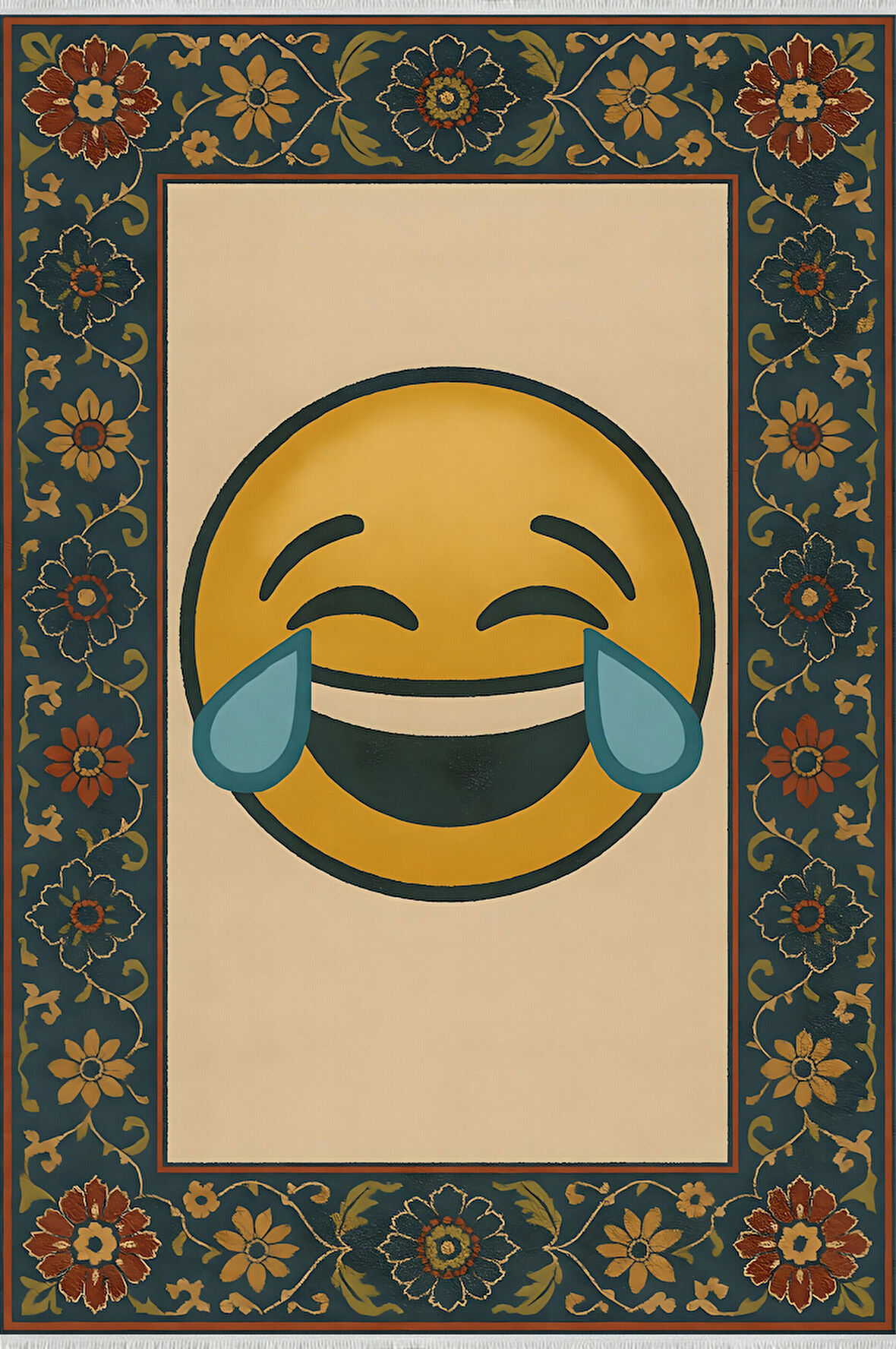 Emoji Desenli Retro Halı – Gülme İfadesi, Kaymaz Taban, Yıkanabilir, Bebek Dostu