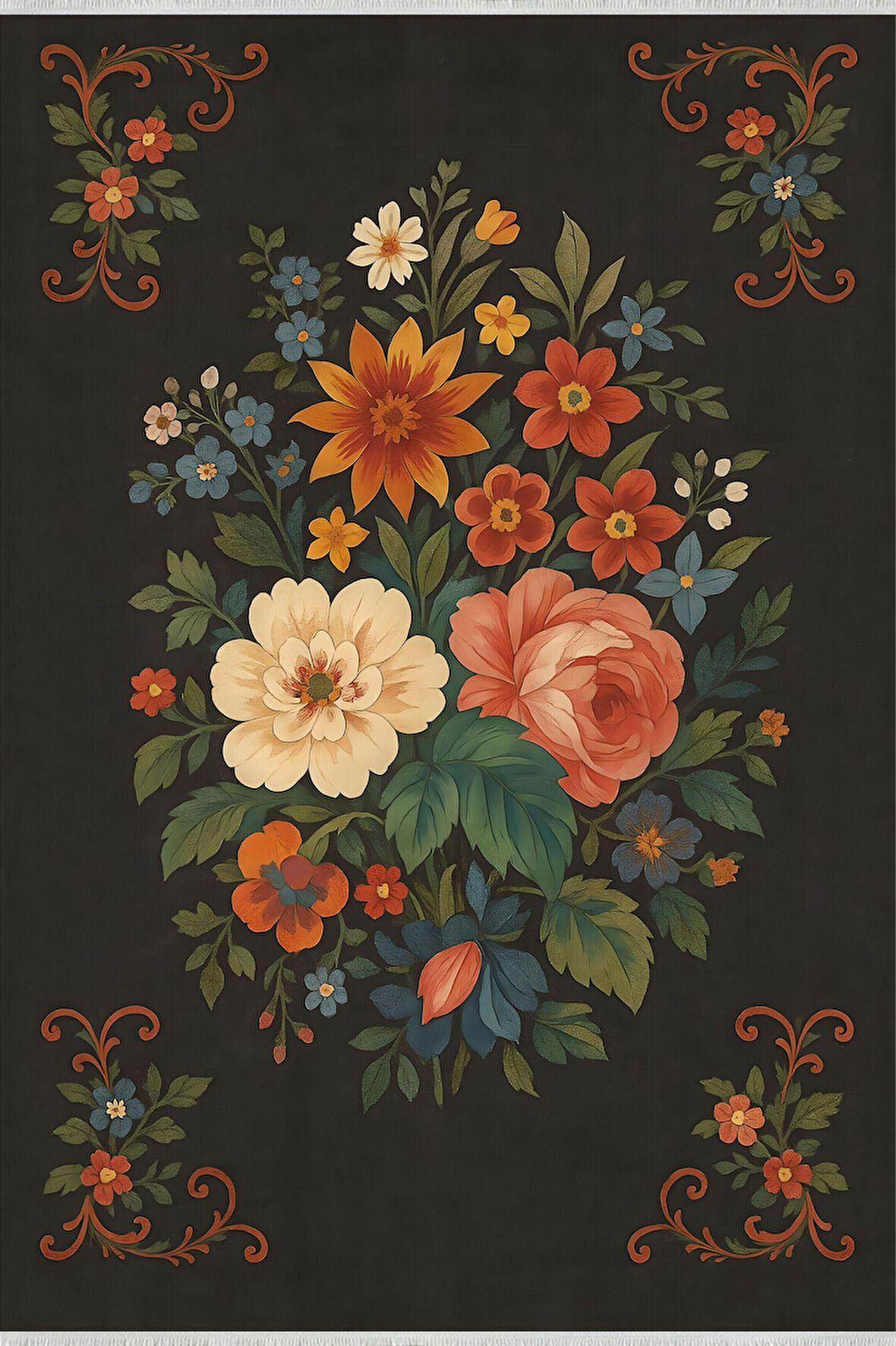 Siyah Zeminli Çiçek Desenli Halı – Kaymaz, Yıkanabilir, Bebek ve Evcil Dostu Dekoratif Halı