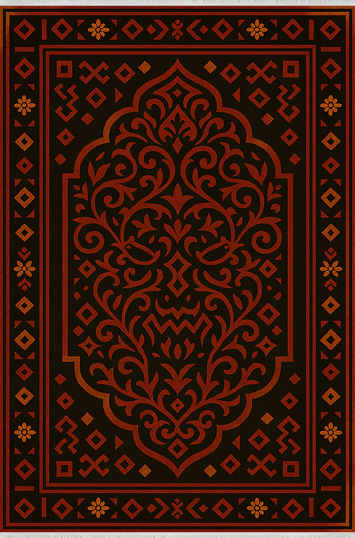 Siyah Zemin Kırmızı Geometrik Halı – Etnik Stil | Kaymaz Taban, Yıkanabilir, Evcil Dostu