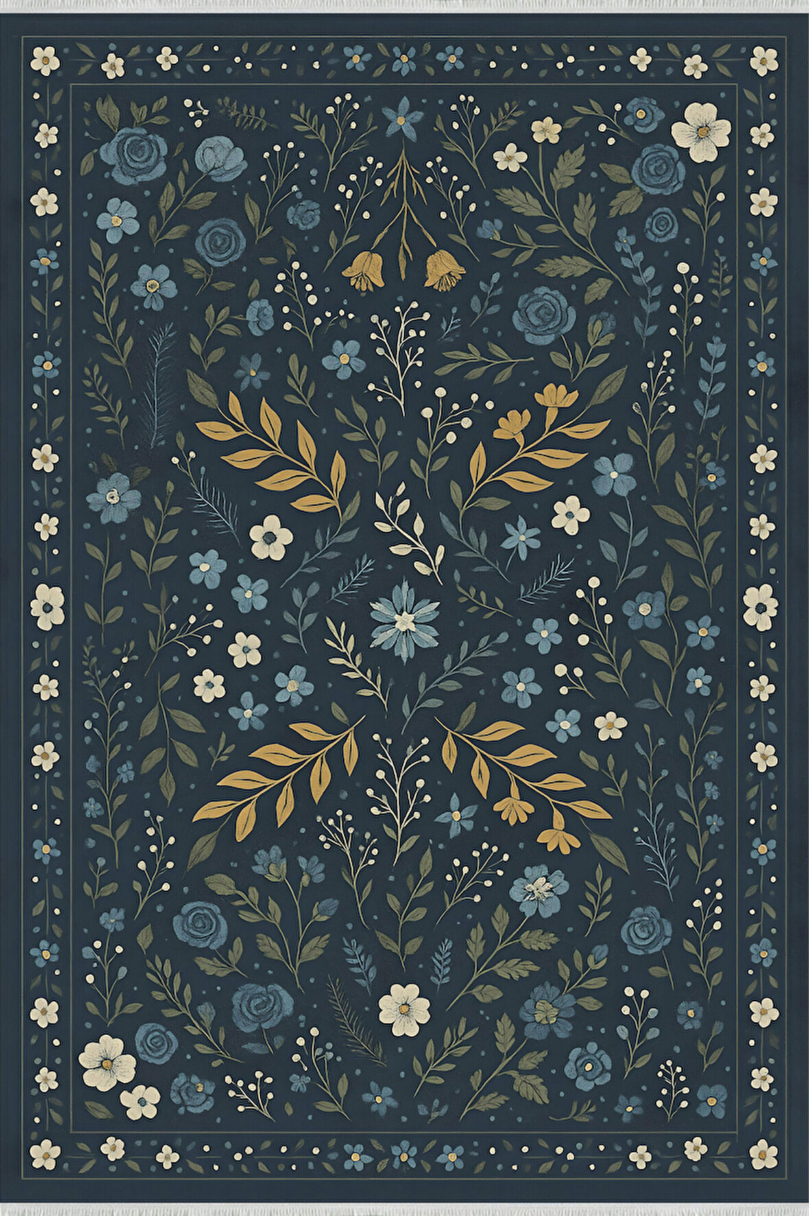 Lacivert Çiçek Desenli Halı – Modern Vintage Tarz | Kaymaz, Yıkanabilir, Evcil & Bebek Dostu