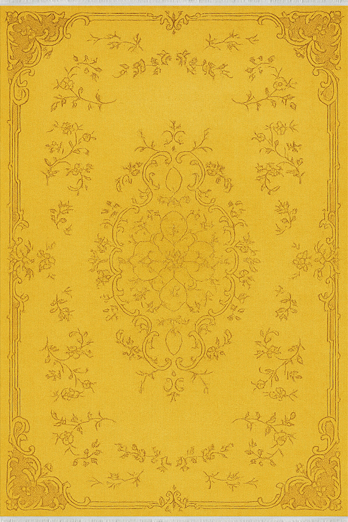 Sarı Klasik Desenli Halı – Işıltılı Vintage Şıklık | Kaymaz Taban, Yıkanabilir, Evcil Dostu