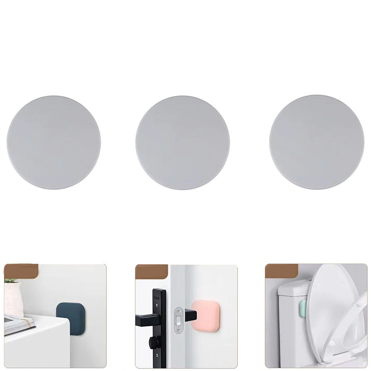 Microcase Darbe Önleyici Yapışkanlı Silikon Kapı Kolu Stoperi Tamponu Yuvarlak Tasarım - GRİ AL5003 3 Adet
