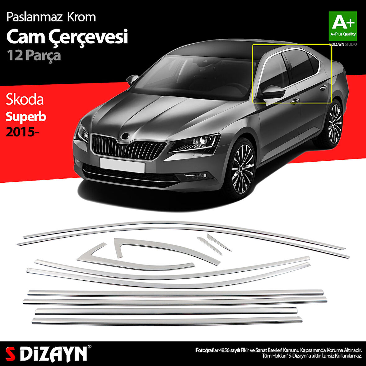 S-Dizayn Skoda Superb Krom Cam Çerçeve Seti 12 Prç 2015-2023 A+ Kalite