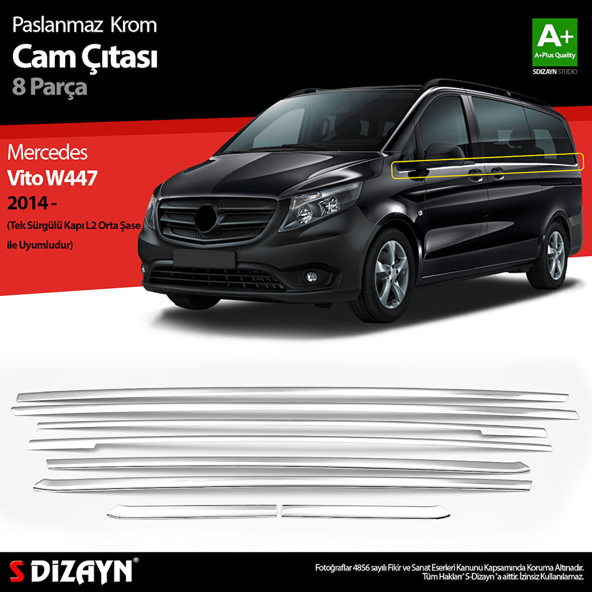 S-Dizayn Mercedes Vito W447 Krom Cam Alt Çıtaları 8 Prç. (Tek Sürgülü Kapı-L2 Orta Şasi) 2014-2020