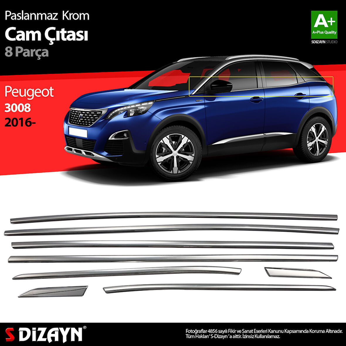 S-Dizayn Peugeot 3008 Krom Cam Çıtası 8 Prç. 2016-2023