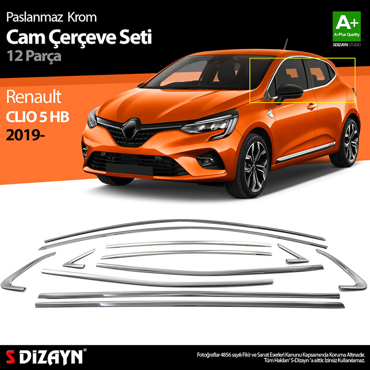 S-Dizayn Renault Clio 5 Krom Cam Çerçevesi 12 Prç. 2019 Üzeri A+ Kalite