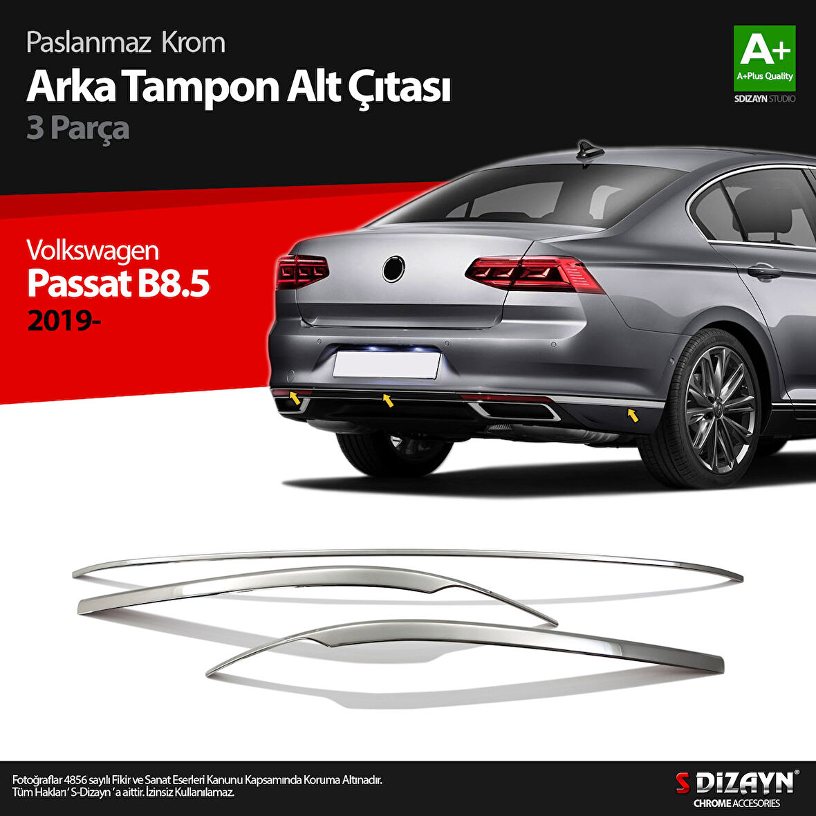 S-Dizayn VW Passat B8.5 Krom Arka Tampon Alt Çıtası 3 Parça 2019-2023