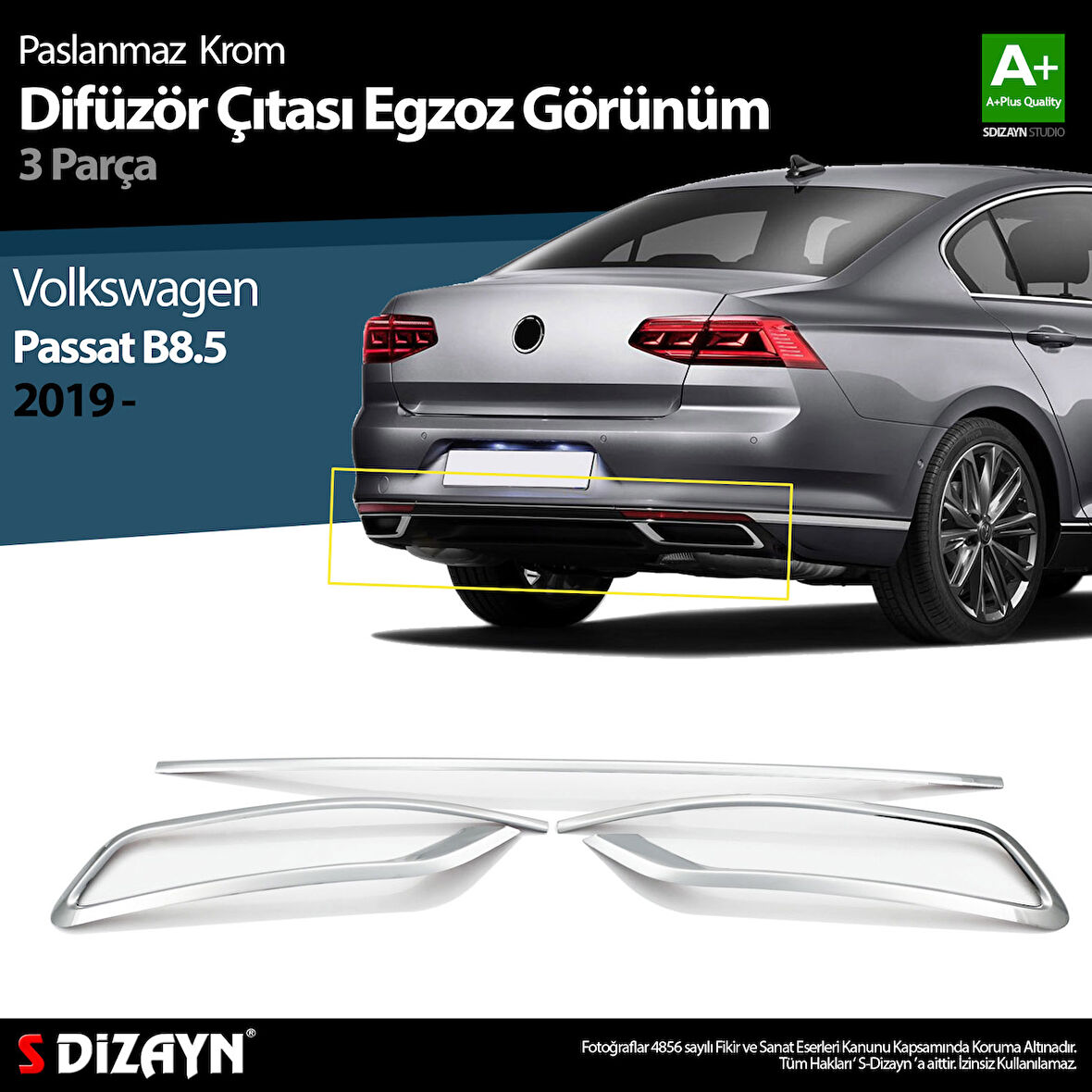 S-Dizayn VW Passat B8.5 Krom Egzoz Görünümü Difüzör Çıtası 3 Parça 2019-2023