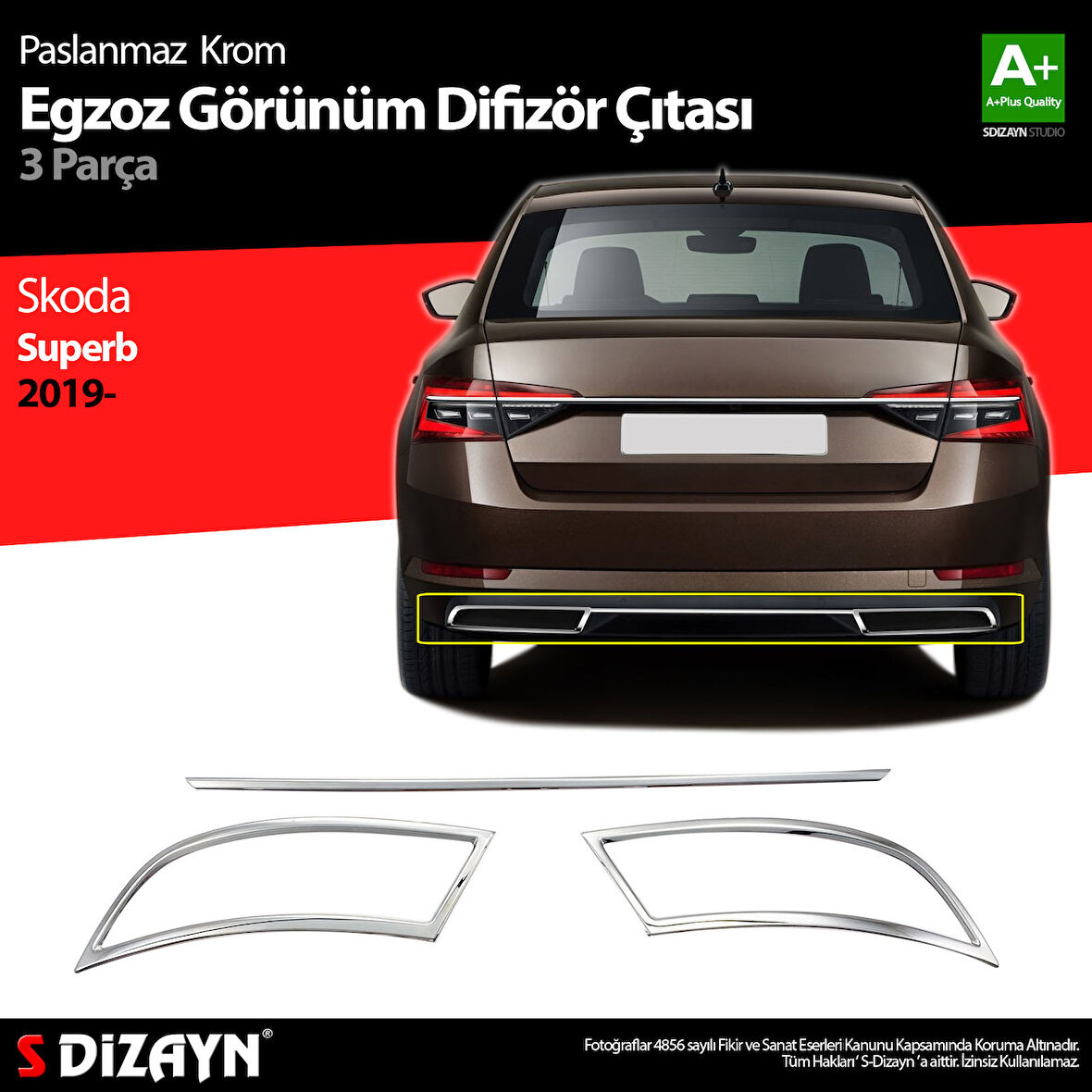 S-Dizayn Skoda Superb Krom Egzoz Çıkışı 3 Parça Set 2020-2023