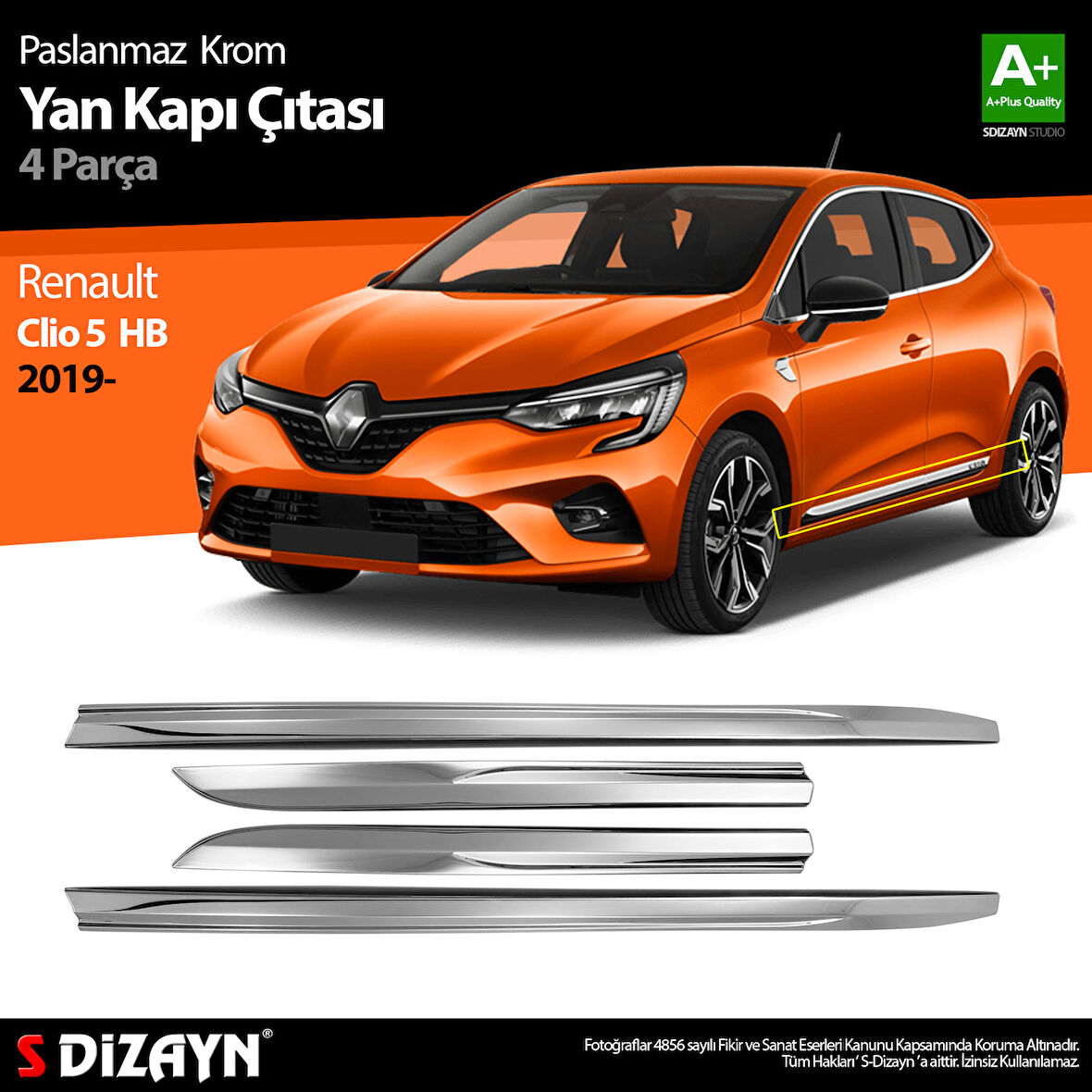 S-Dizayn Renault Clio 5 Krom Yan Kapı Çıtası 4 Prç. 2019 Üzeri
