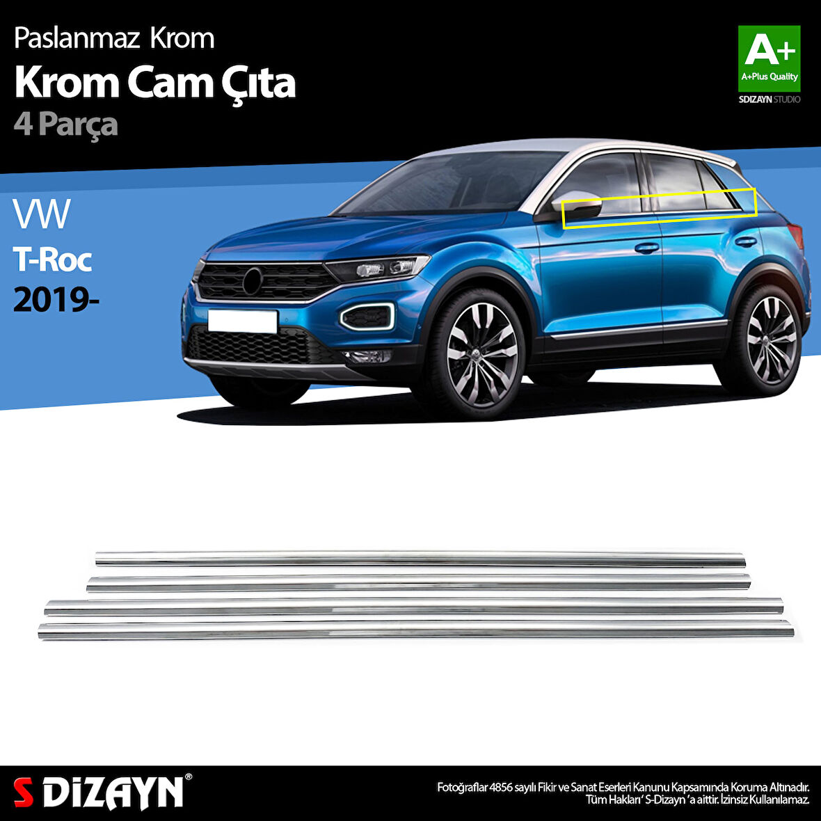 S-Dizayn VW T-Roc Krom Cam Çıtası 4 Prç. 2019-2021