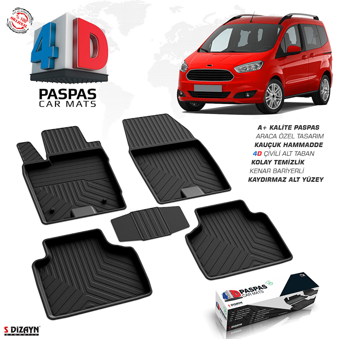 S-Dizayn Ford Courier 4D Havuzlu Paspas Siyah 2014-2023 A+Kalite