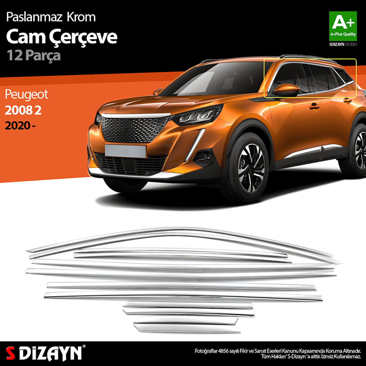 S-Dizayn Peugeot 2008 2 Krom Cam Çerçevesi 12 Prç 2020-2023 A+ Kalite