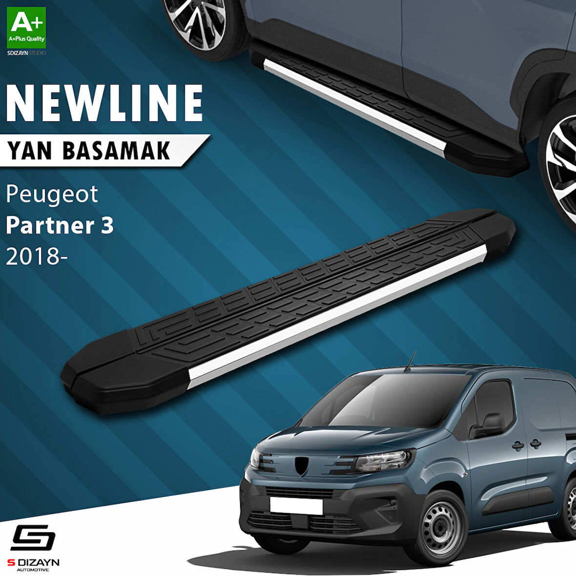 S-Dizayn Peugeot Partner 3 Uzun Şase NewLine Krom Yan Basamak 219 Cm 2018 Üzeri A+ Kalite