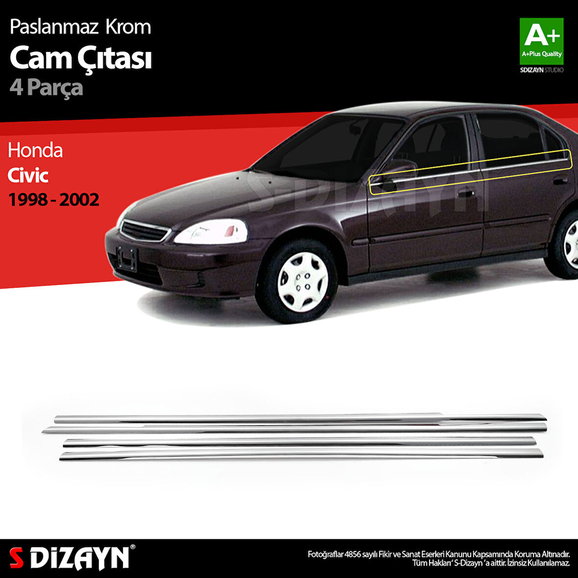 S-Dizayn Honda Civic Krom Cam Çıtası 4 Prç 1998-2002