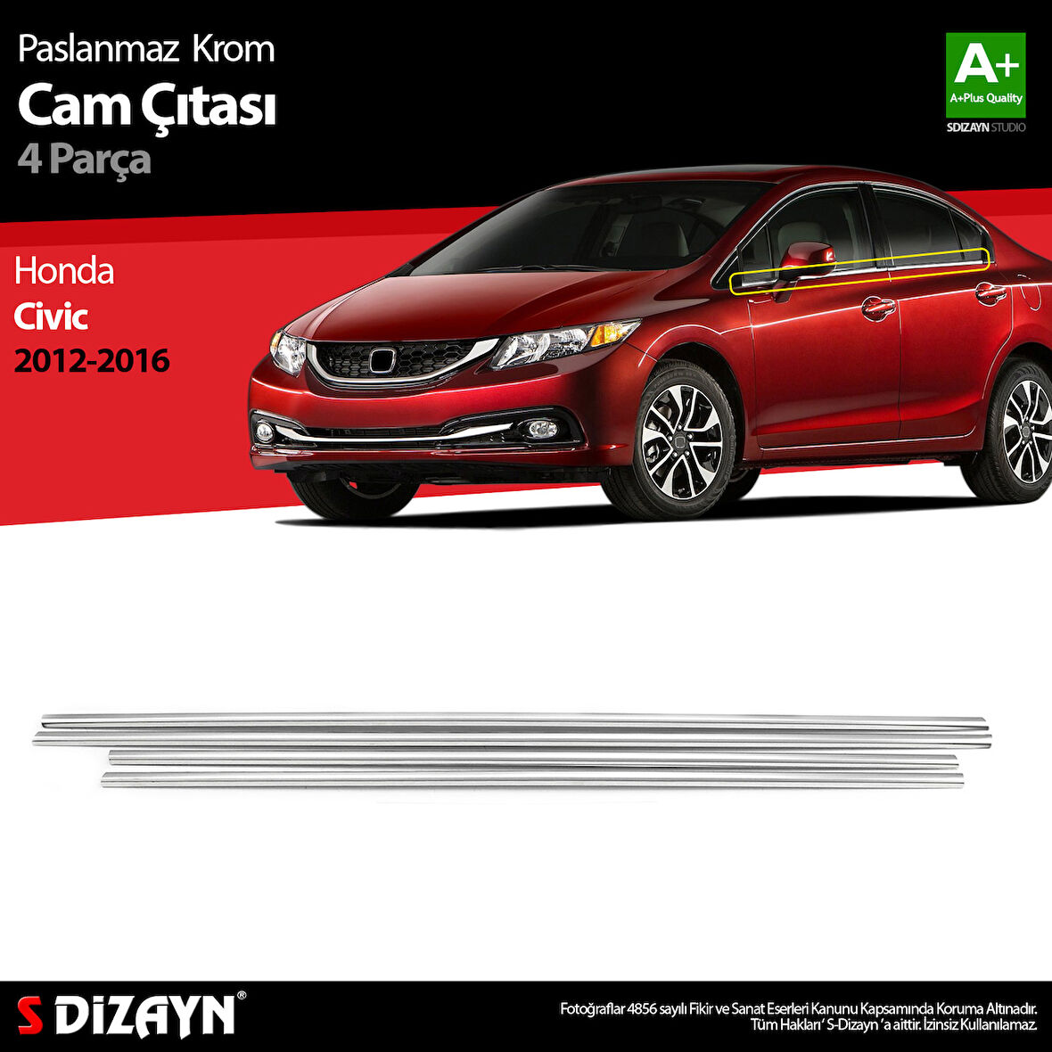 S-Dizayn Honda Civic Krom Cam Çıtası 4 Prç 2012-2016