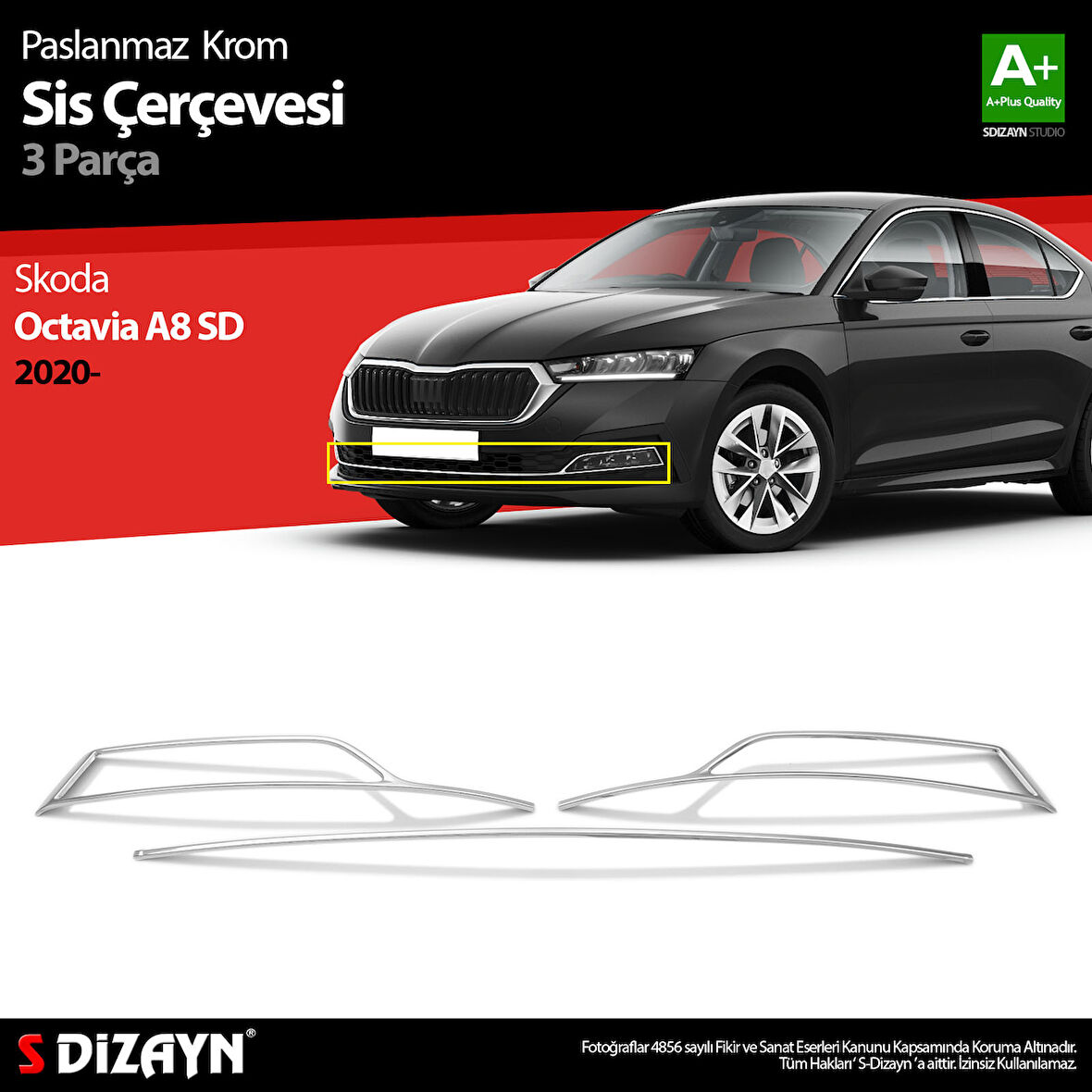 S-Dizayn Skoda Octavia A8 Krom Sis Çerçevesi 3 Prç. 2020 Üzeri