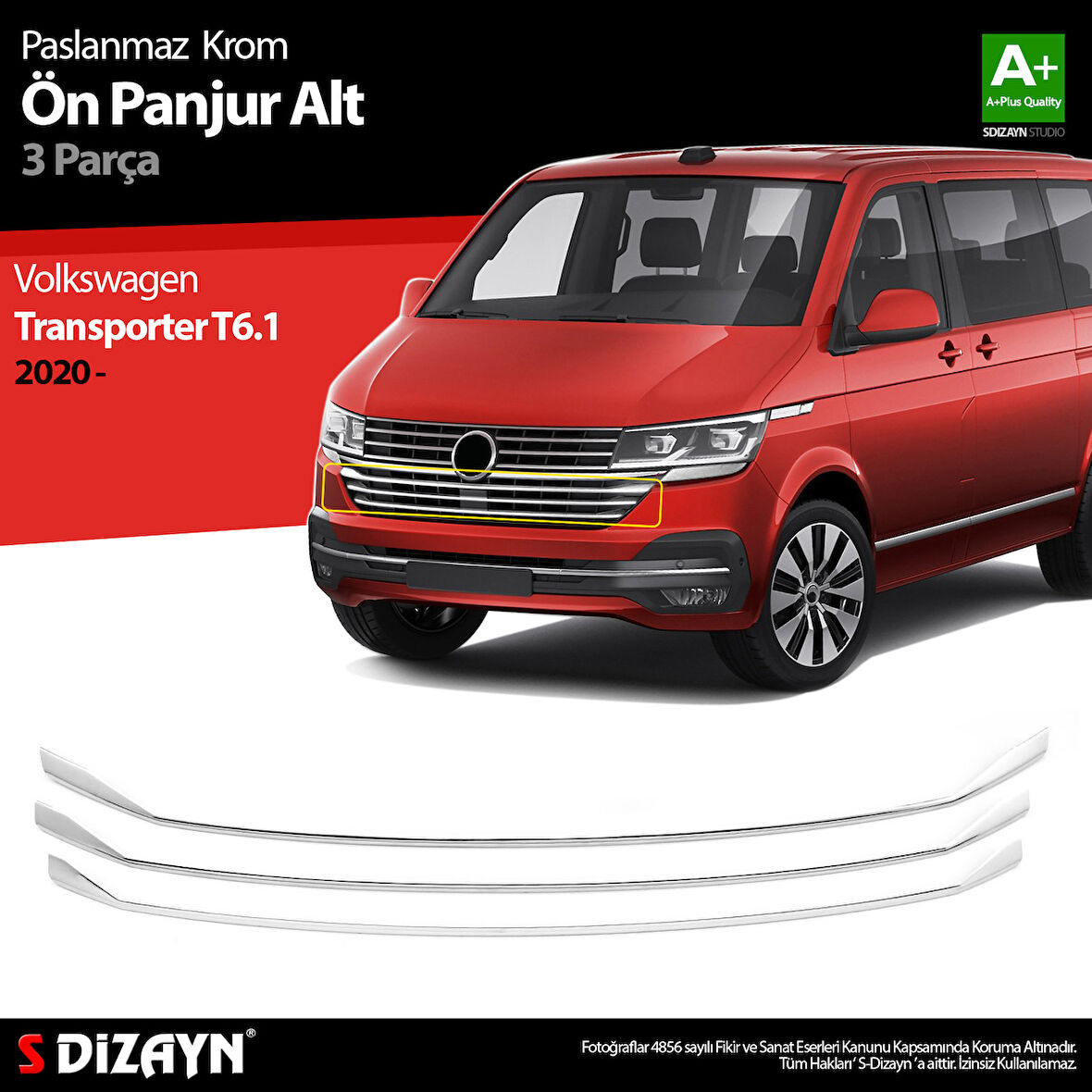 S-Dizayn VW Transporter T6.1 Krom Ön Panjur Alt Çıtası 3 Prç. 2020 Üzeri
