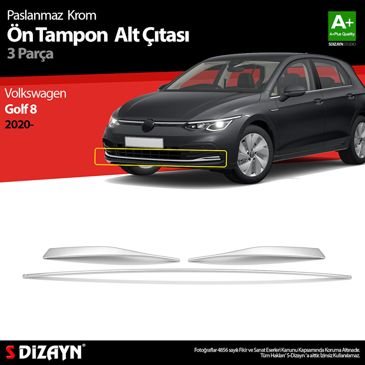 S-Dizayn VW Golf 8 HB Krom Ön Tampon Alt Çıtası 3 Prç. 2020-2024