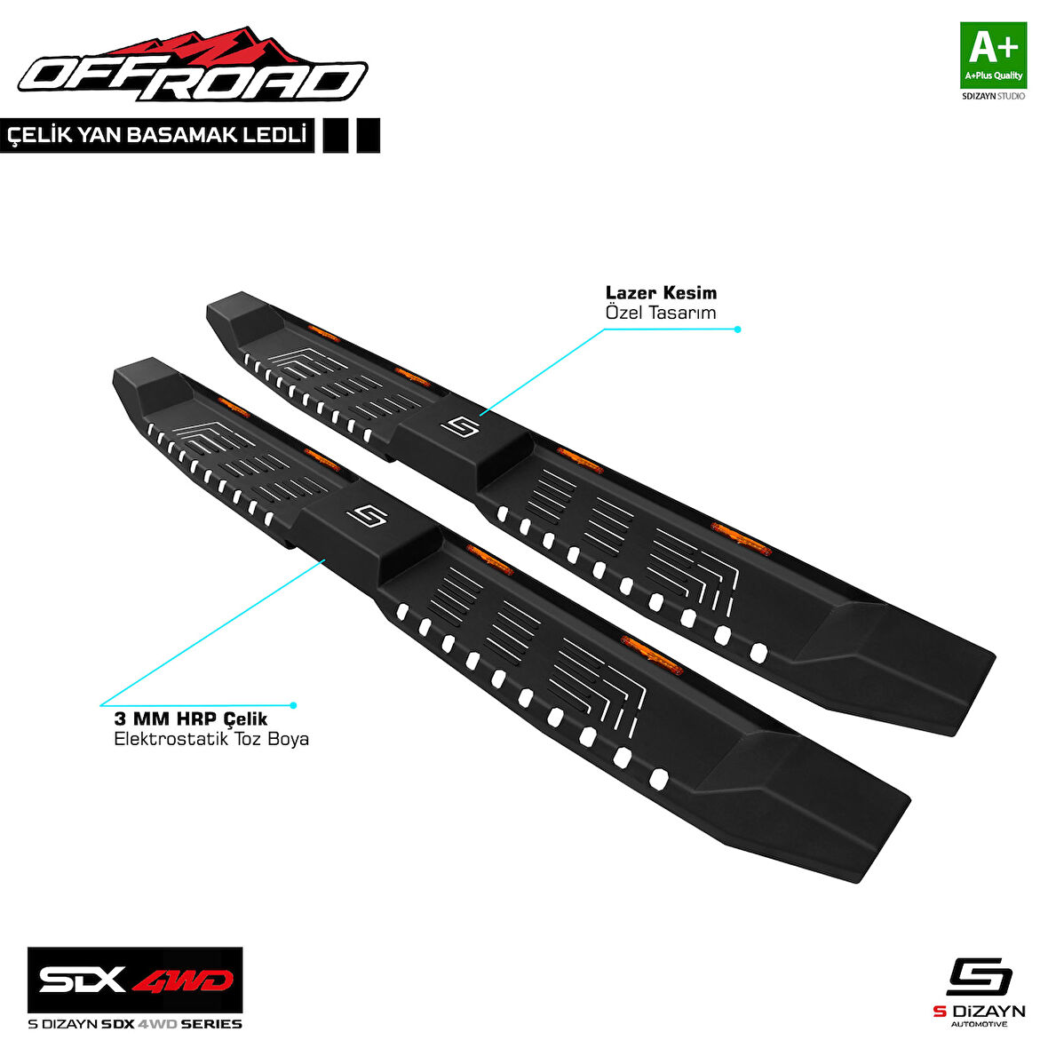 S-Dizayn SDX 4WD Off Road Ford Ranger 3 Çelik Yan Basamak 205 Cm Ledli V2 2012-2022 A+ Kalite