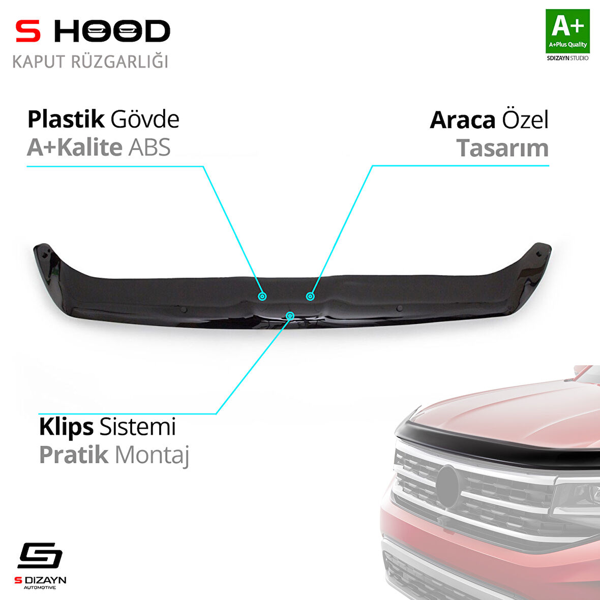 S-Dizayn Ford Kuga ABS Plastik Kaput Rüzgarlığı 2012-2016 A+Kalite