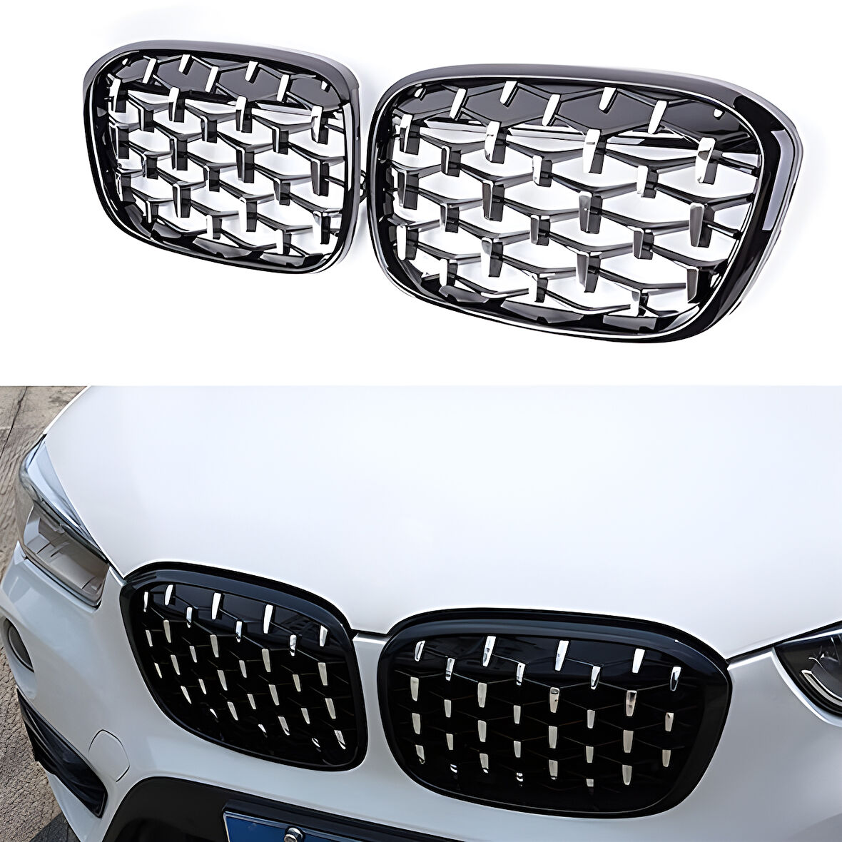 S-Dizayn Bmw X1 F48/F49 Ön Panjur Böbrek Parlak Siyah Çerçeveli Krom Diamond Model 2016-2022