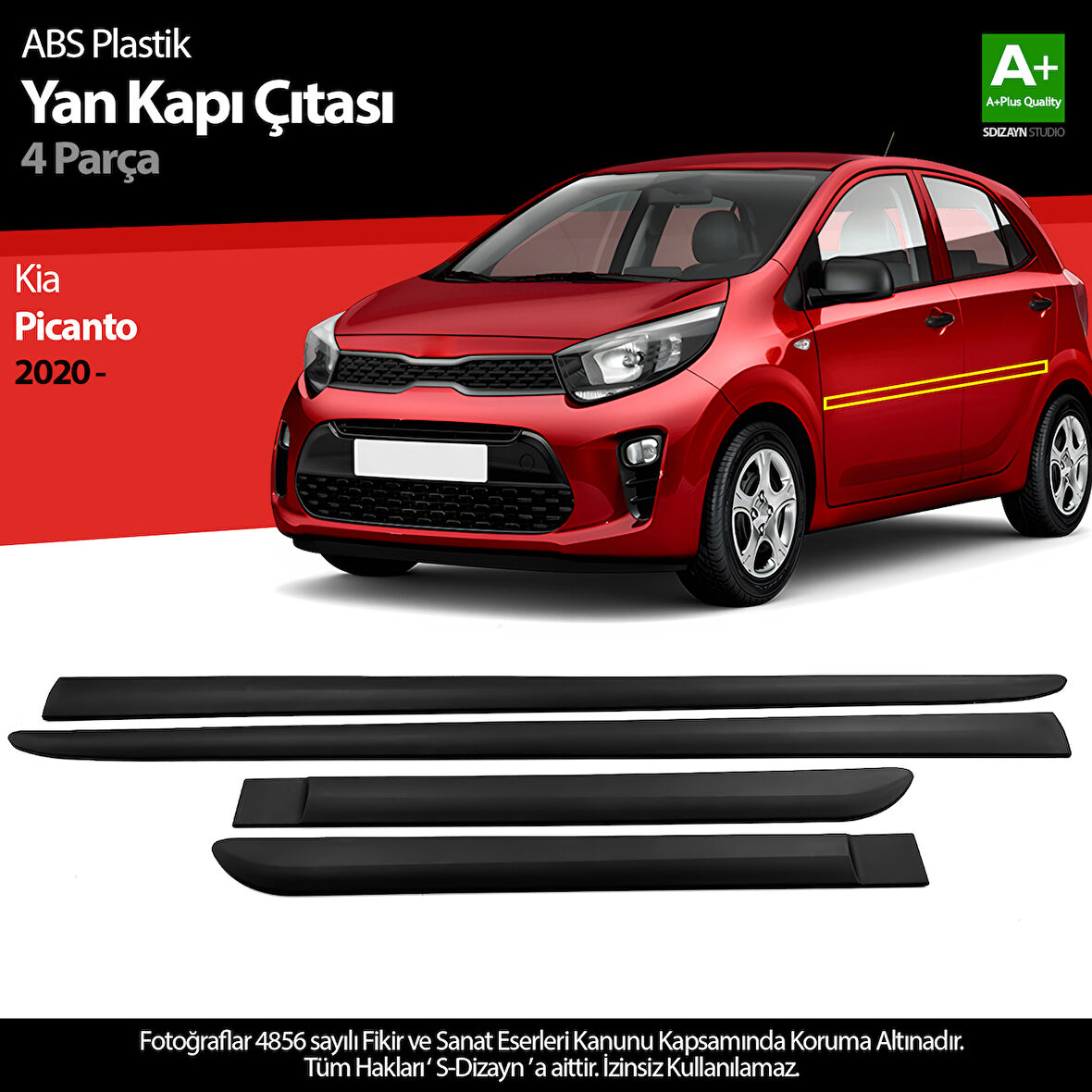 S-Dizayn Kia Picanto ABS Plastik Yan Kapı Koruma Çıtası 2020-2023 A+ Kalite