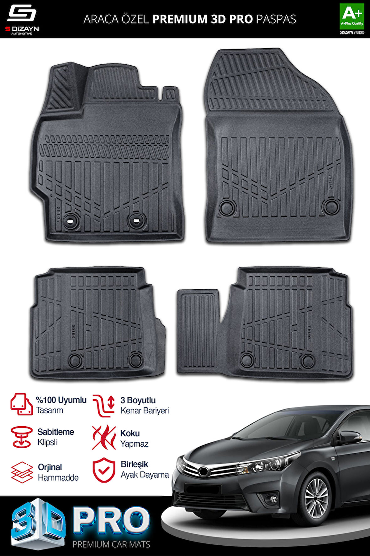 Toyota Corolla 3D Pro Havuzlu Paspas 2013-2018 A+ Kalite
