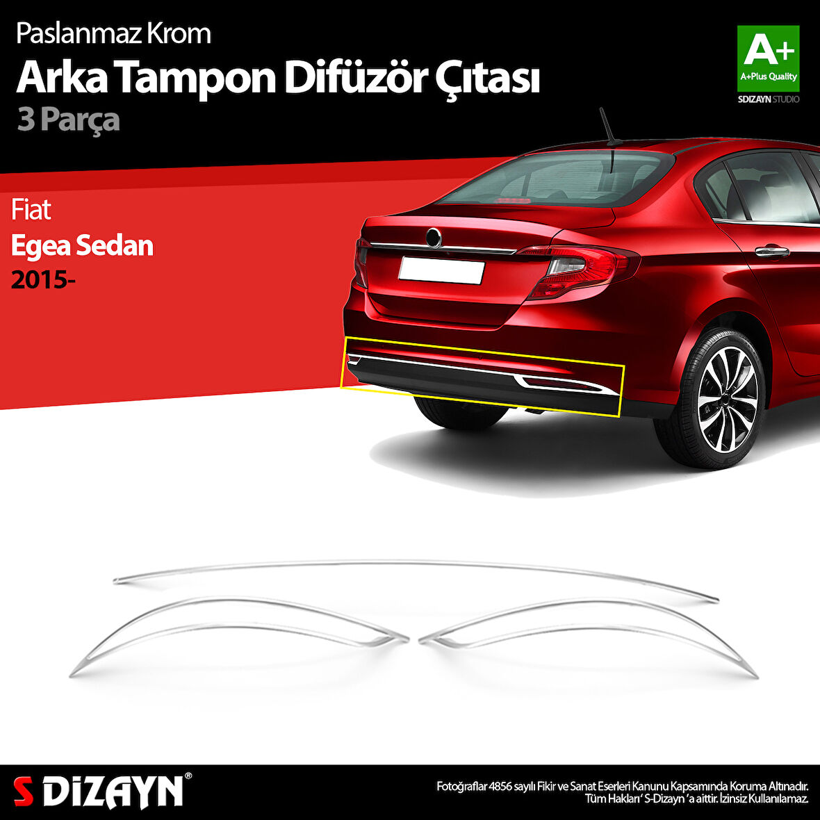 S-Dizayn Fiat Egea SD Krom Arka Tampon Difüzör Çıtası 3 Prç. 2015-2020