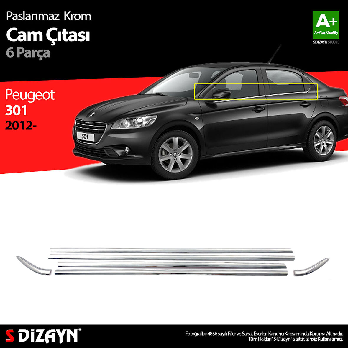 S-Dizayn Peugeot 301 Krom Cam Çıtası 6 Prç. 2012-2017